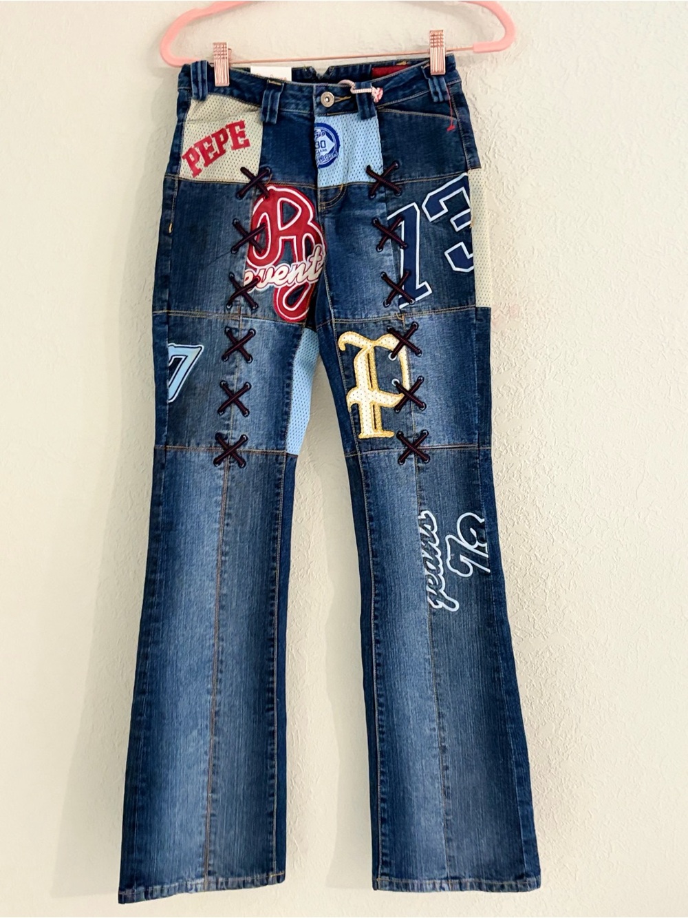 Pepe Jeans Blue Patchwork Bootcut Jeans with Red and Yellow Accents